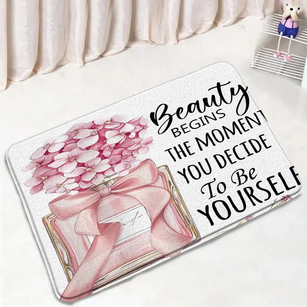 Fashion Perfume Shower Curtain Set Pink Rose Flower Modern Woman Girl Home Bathroom Decor Non Slip Rug Bath Mat Toilet Lid Cover