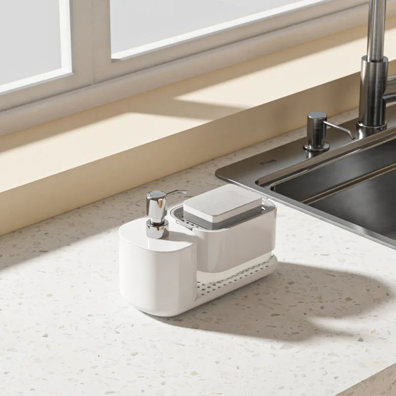 Kitchen countertop, detergent outlet box, sink, hand sanitizer outlet box, press soap dispenser, kitchen storage rack
