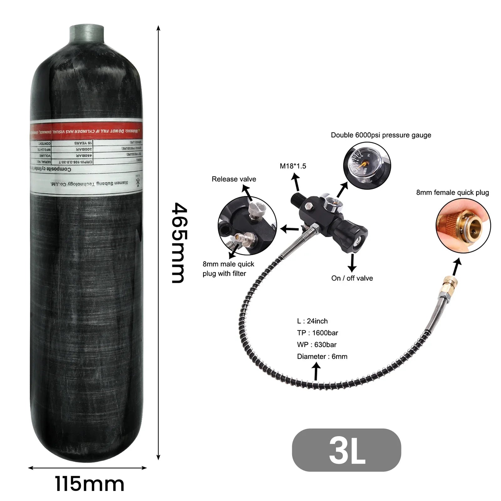 TUXING 4500Psi 300Bar 3L Carbon Fiber Cylinder with High Pressure Charging Regulator Valve Protective Carrier Bag M18*1.5