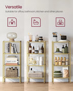 VASAGLE Bookcase, 4-Tier Bookshelf, Slim Shelving Unit for Bedroom, Bathroom, Home Office, Tempered Glass, Steel Frame