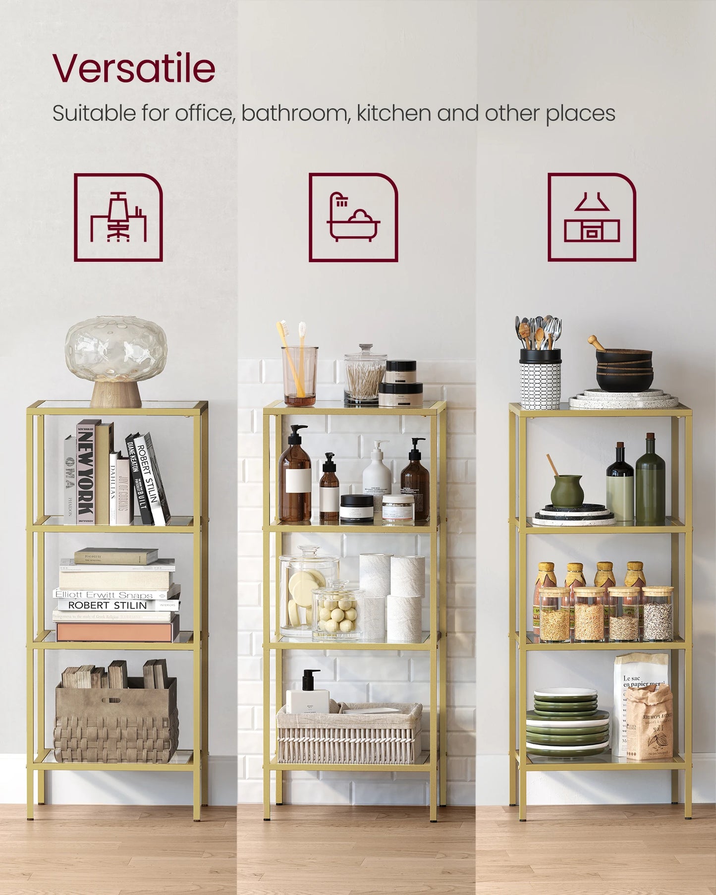 VASAGLE Bookcase, 4-Tier Bookshelf, Slim Shelving Unit for Bedroom, Bathroom, Home Office, Tempered Glass, Steel Frame