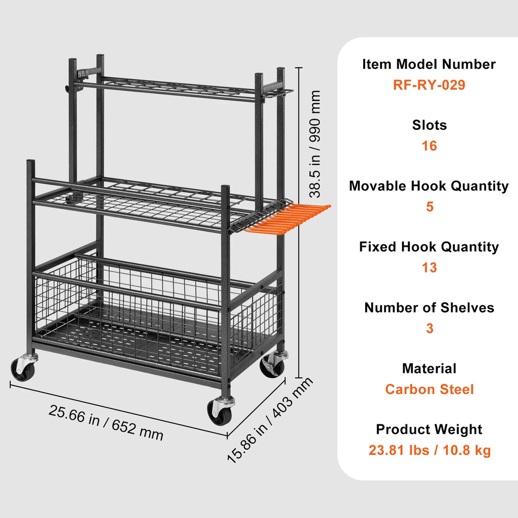 VEVOR 16 Slots Garden Tool Organizer Yard Tool Tower Rack with Hooks Wheels Long-Handled Rake Stand Holder for Garage Storage