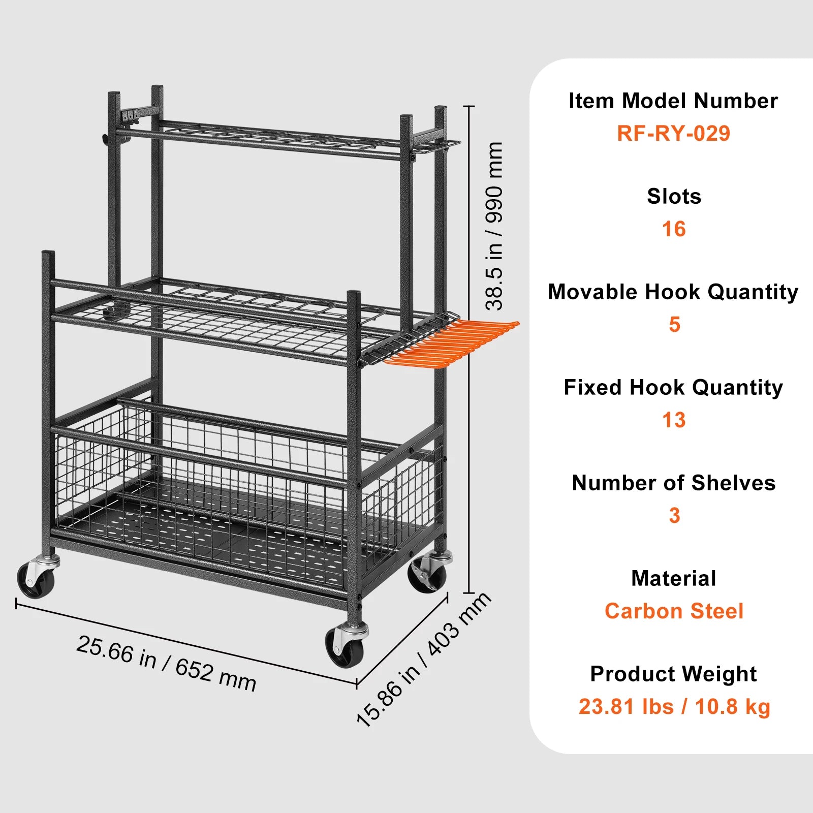 VEVOR 16 Slots Garden Tool Organizer Yard Tool Tower Rack with Hooks Wheels Long-Handled Rake Stand Holder for Garage Storage
