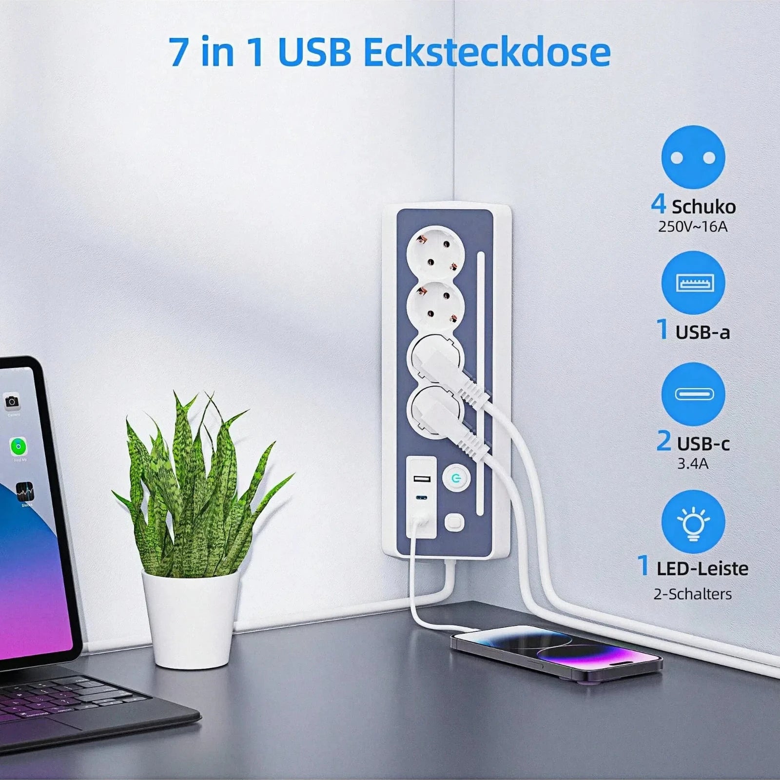 7-in-1 multi-functional socket with night light corner, 2USB+Type-C fast charging port, suitable for both home and kitchen use