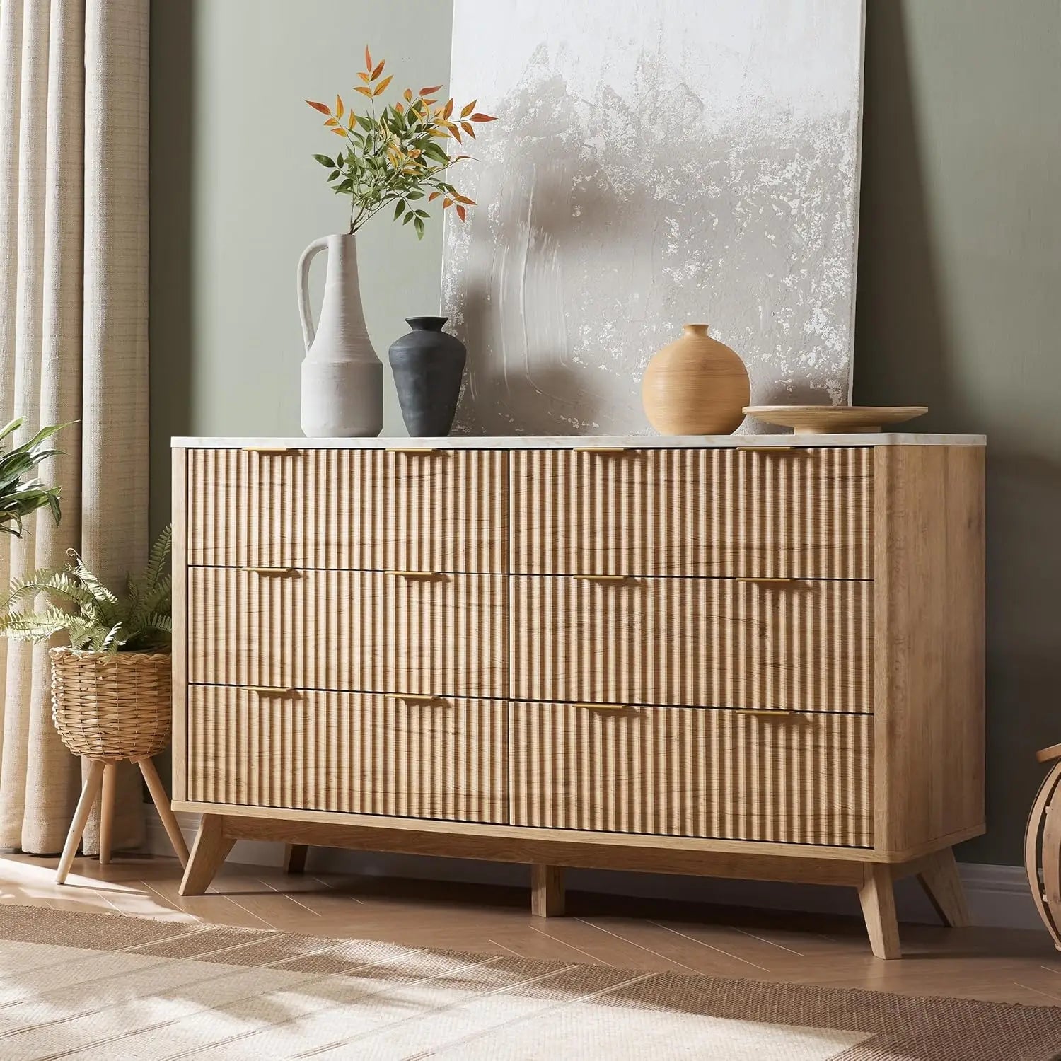 Fluted 6 Drawers Dresser, 54" Wide Modern Chest of Drawers ,Dresser TV Stand,for Bedroom, Living Room, Hallway, Natural Oak