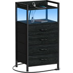 Night Stand with Charging Station, Black Nightstand with Drawers and Led Light, Tall Dresser for Bedroom, Bedside Table