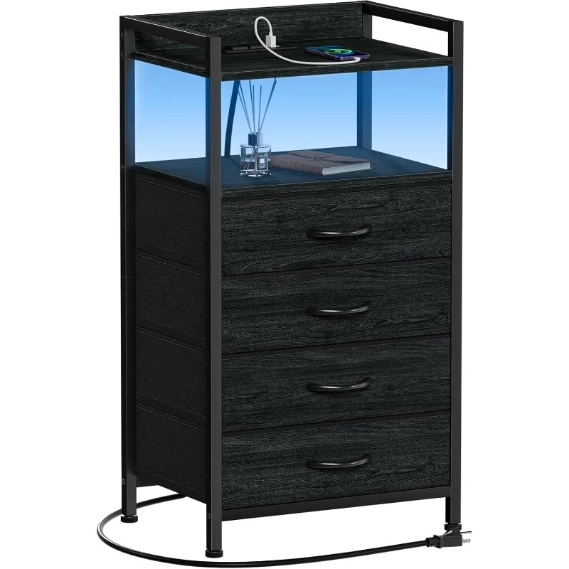 Night Stand with Charging Station, Black Nightstand with Drawers and Led Light, Tall Dresser for Bedroom, Bedside Table