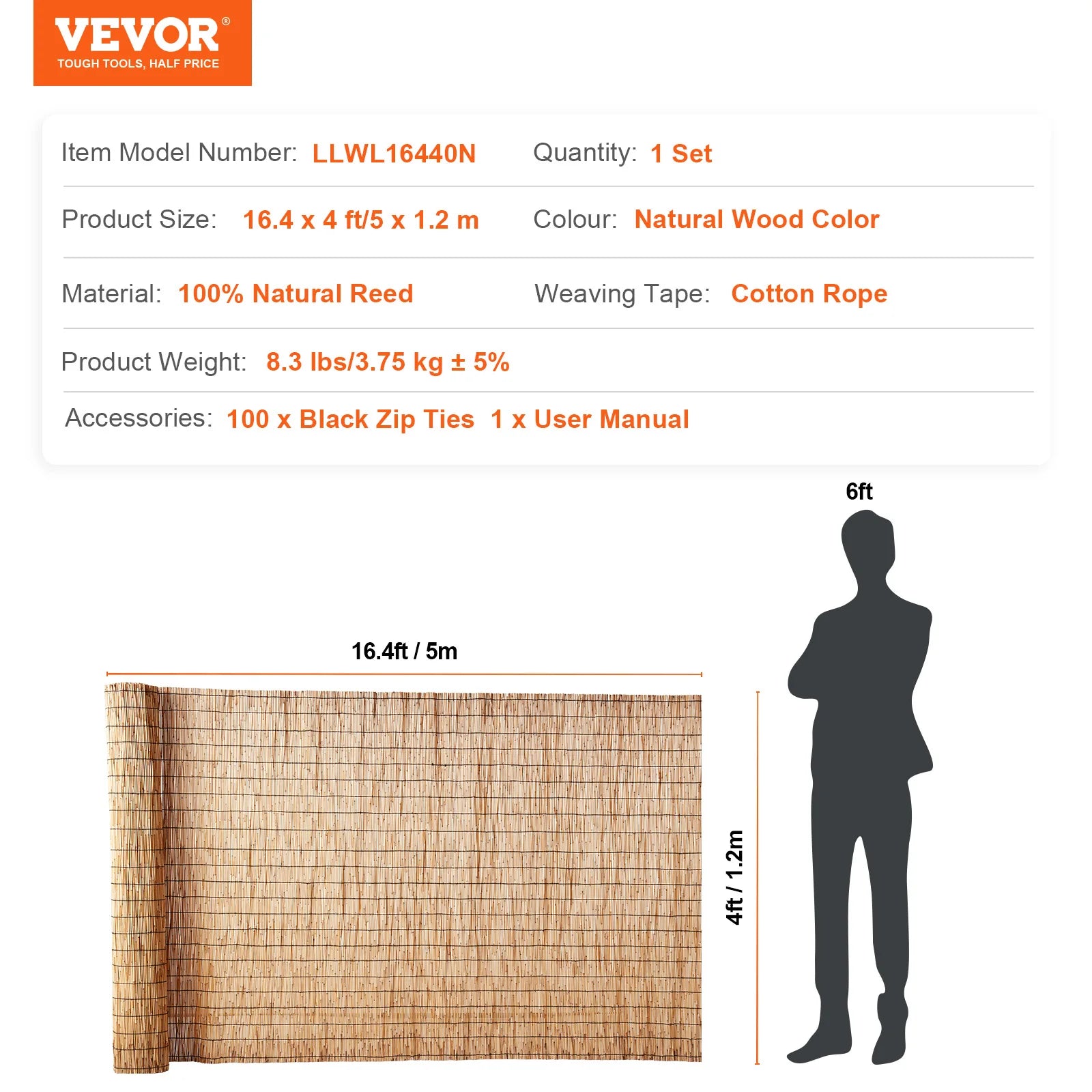 VEVOR Natural Reed Fencing 5.5 ft x 16.4 ft Balcony Reed Fence Roll for Outdoor Backyard Patio Backyard Garden Fencing Divider