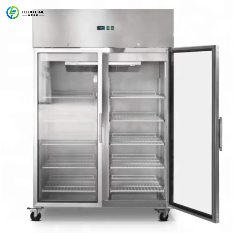 Hotel Kitchen 2 Glass Door Stainless Steel Display Deep Commercial  Refrigerator