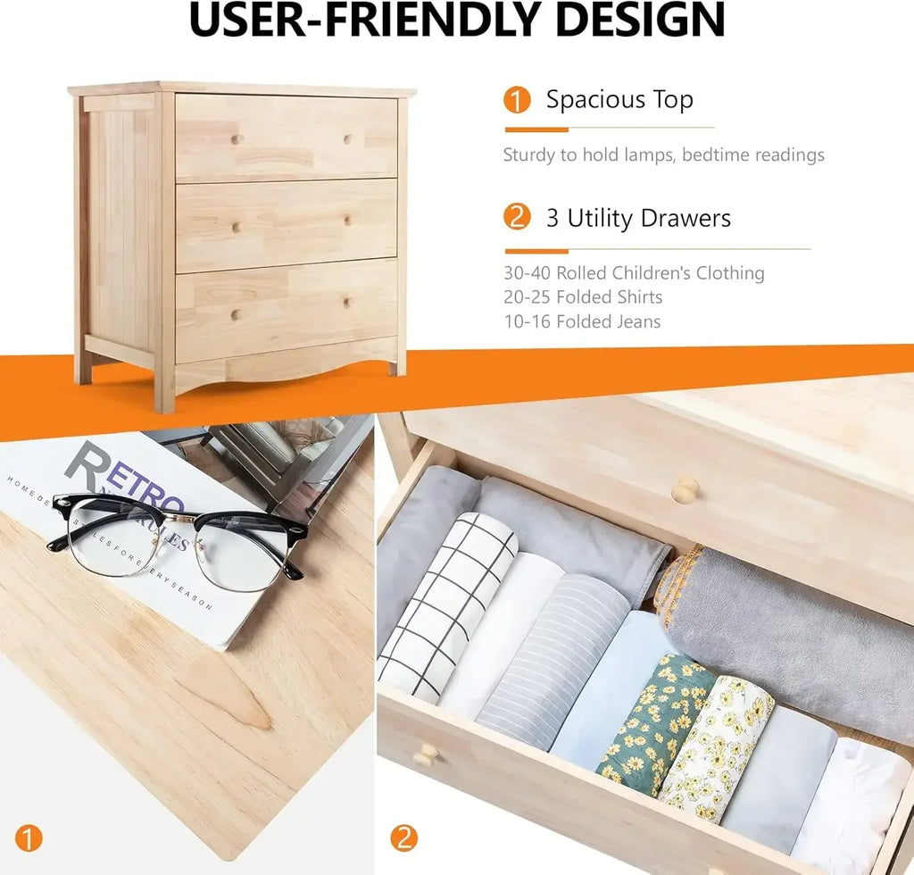 3 Drawer Dresser with Spacious Storage Natural Solid Wood Dresser, Farmhouse Dresser for Bedroom bedroom furniture