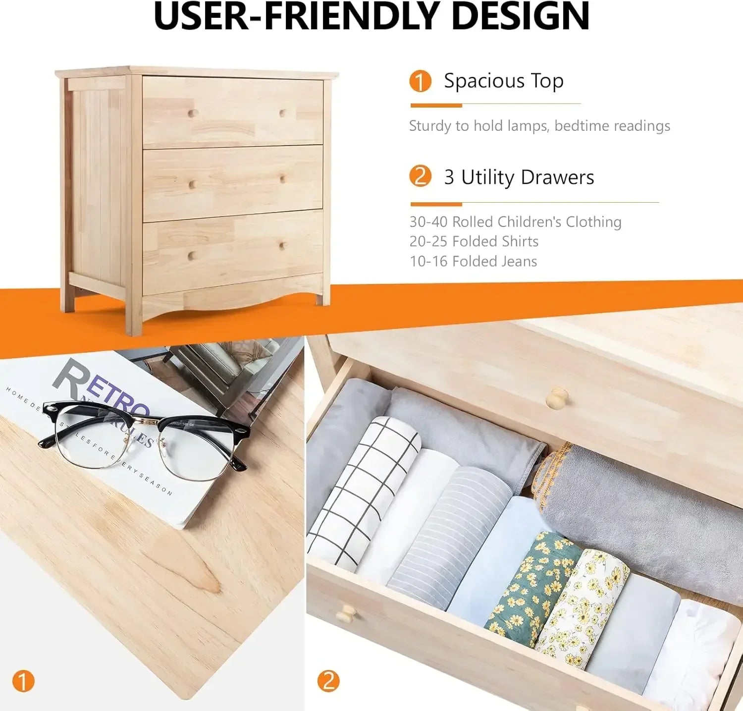3 Drawer Dresser with Spacious Storage Natural Solid Wood Dresser, Farmhouse Dresser for Bedroom bedroom furniture
