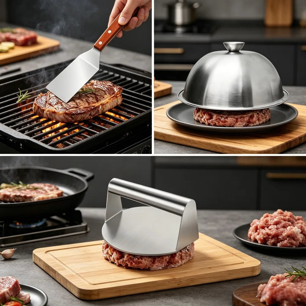 3Pcs Kitchen Accessories, Stainless Steel Burger Press, Spatula & Lid, Non-stick Kitchen Tools, Useful Kitchen Items for Home