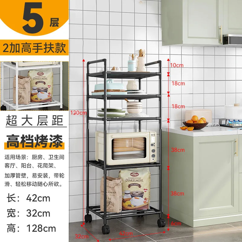 Floor-Standing Multi Layer Storage Rack Shelf with Pulley Trolley Bathroom Kitchen Microwave Storage Rack Kitchen Accessories