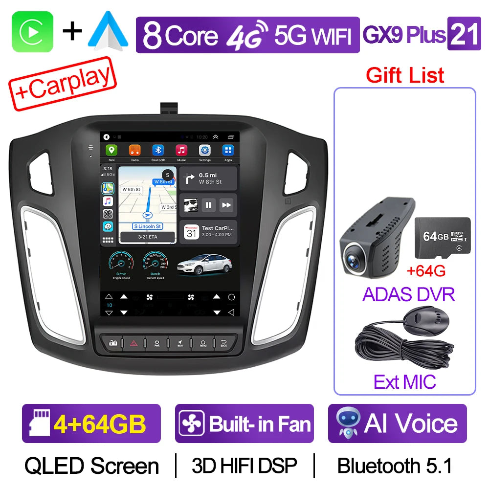 CAIXI GX9 Car Radio Multimedia Player for Ford Focus 3 Mk 3 2011 - 2019 Android 12 2din Carplay Auto Stereo GPS Vertical Tesla