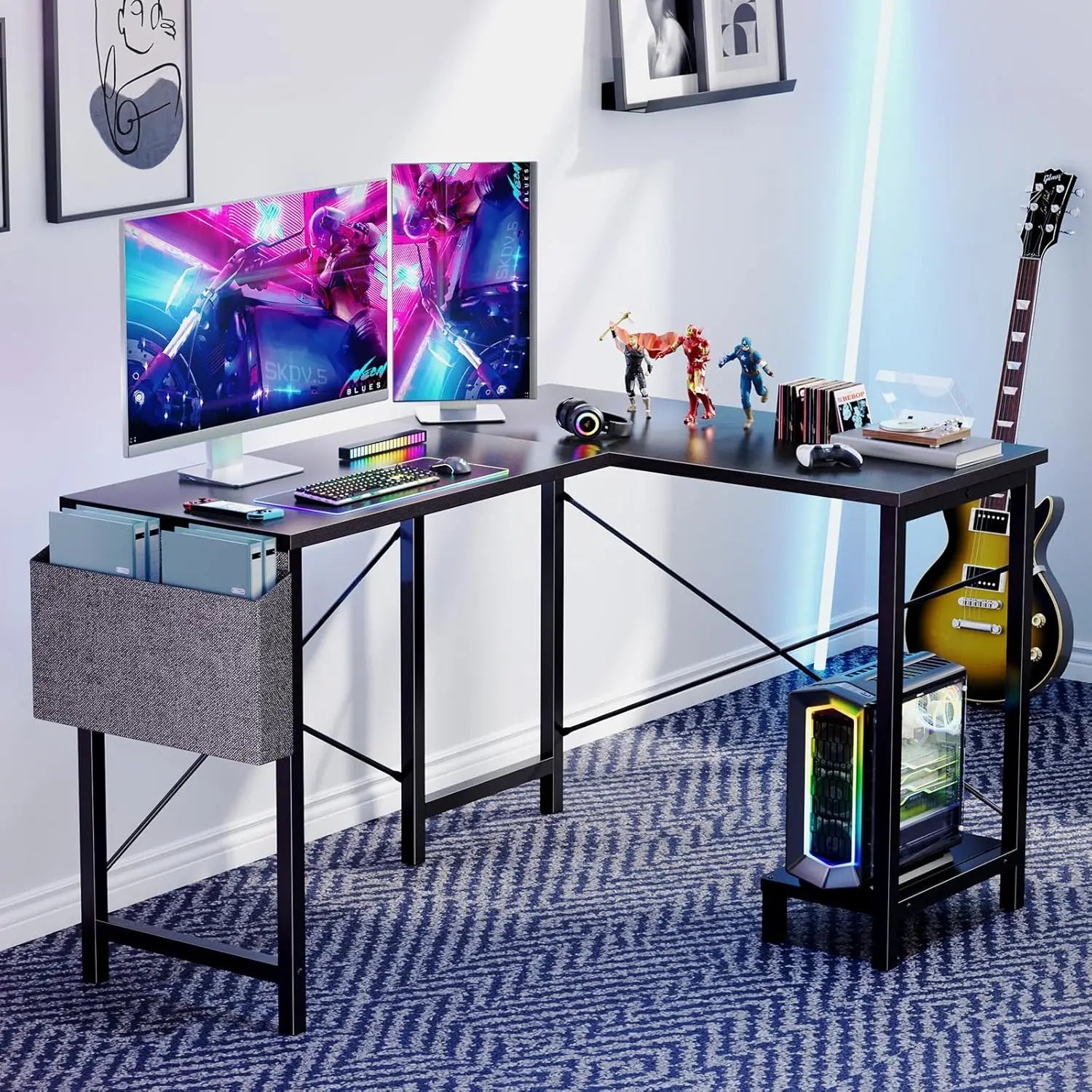 50-inch L-Shaped Gaming Desk with CPU Stand - Black