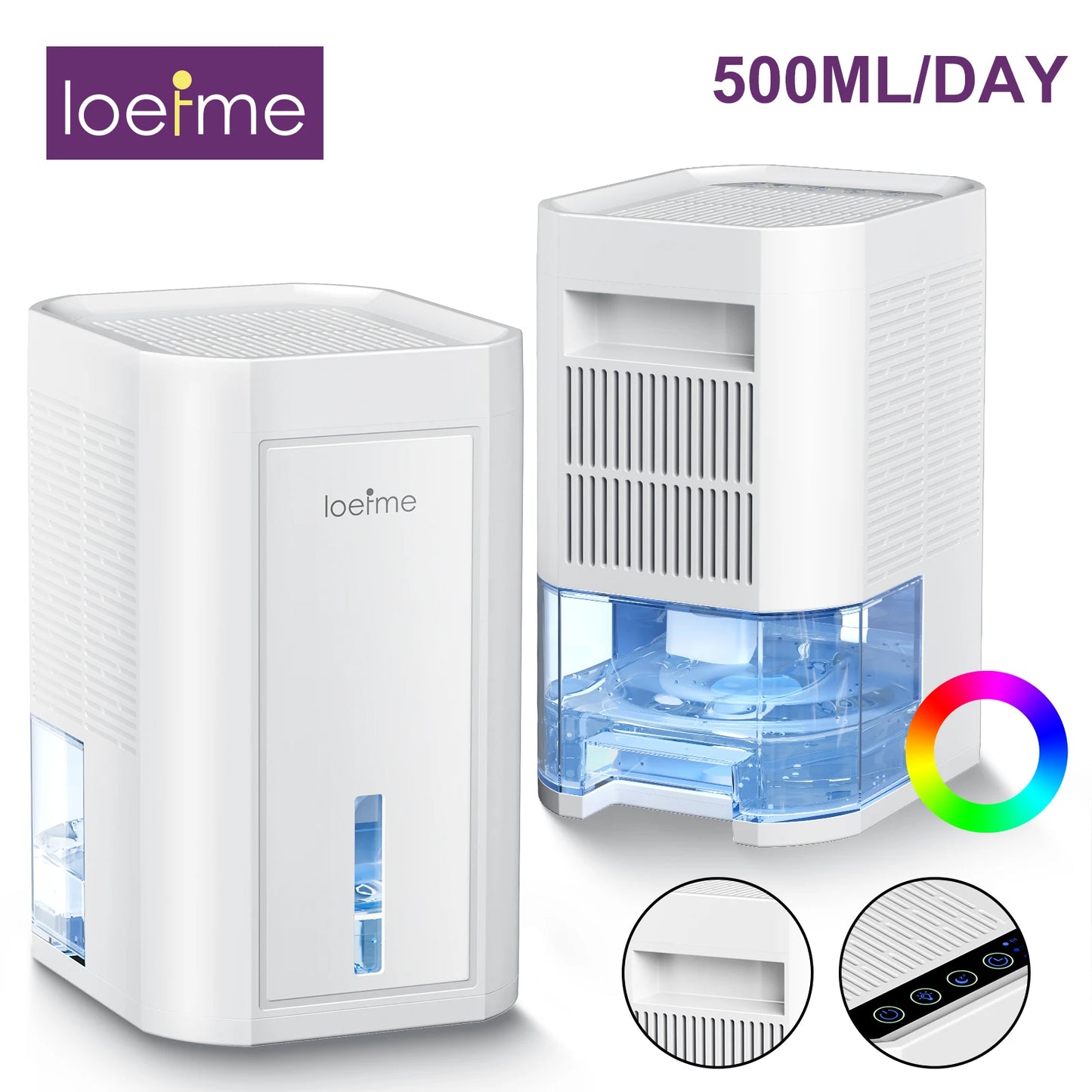 LOEFME 1L Silent Dehumidifier Portable 500ML/Day Air Dehumidifier Dryer with LED Light Area 5–20m² for Home Bedroom living Room