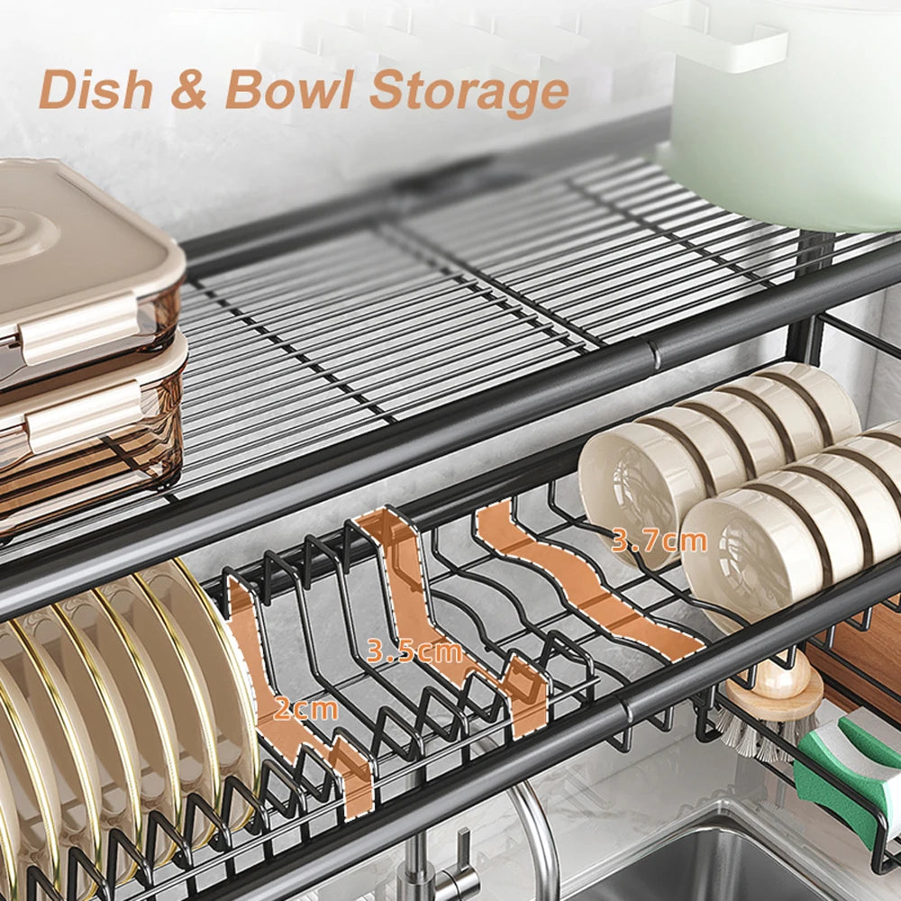 2 Tier Over Sink Dish Drying Rack, Large Metal Kitchen Dish Rack with Utensil Holder, Space Saving Dish Drainer for Kitchen