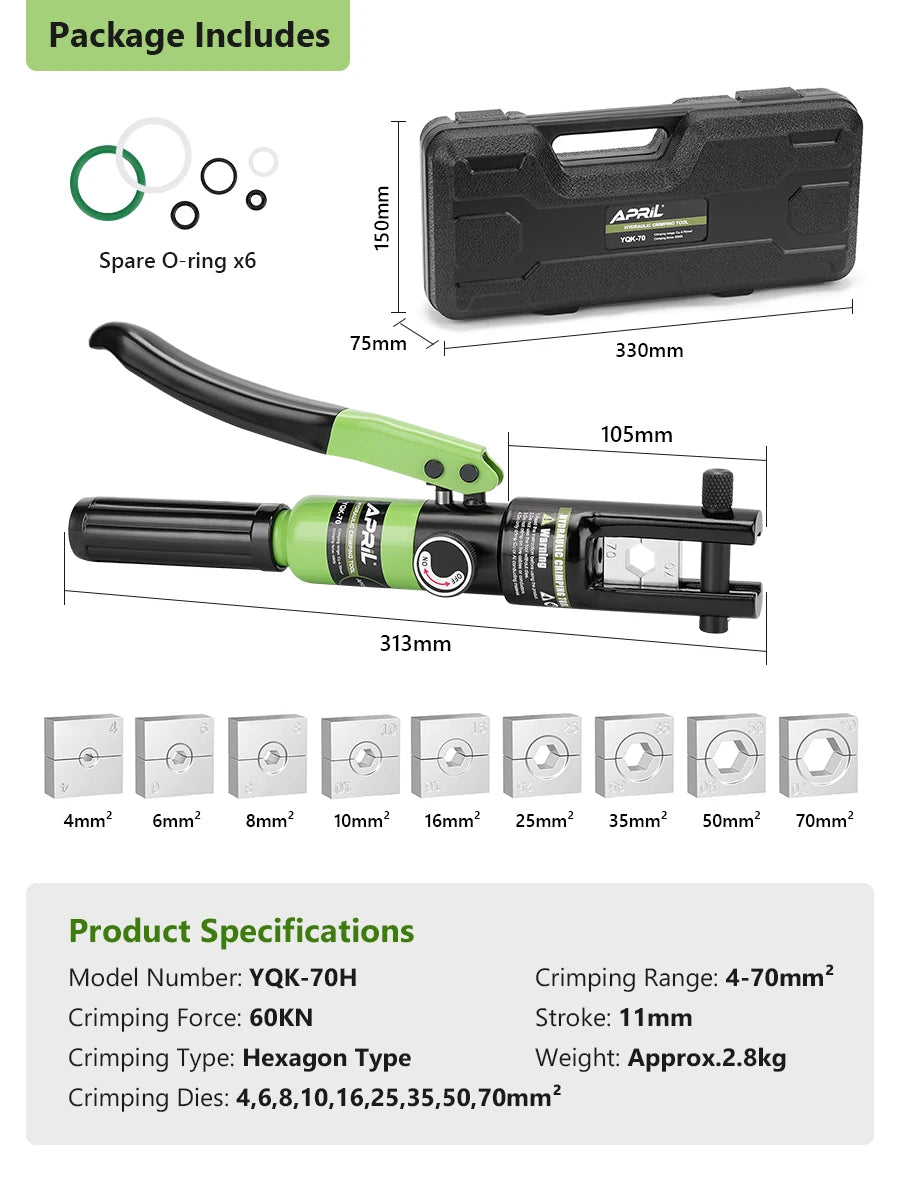 Hydraulic Crimping Tool with 9 Dies Battery Cable & Wire Rope Crimper for 12 AWG to 2/0 AWG, Stainless Steel Cable Railing Tool