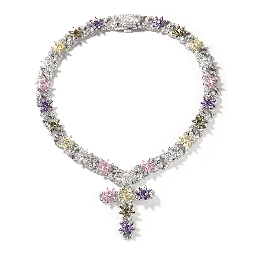 Colorful Flower Cuban Chain - Full Paved Iced Out Baguette CZ Hip Hop Necklace | AlluCanFind