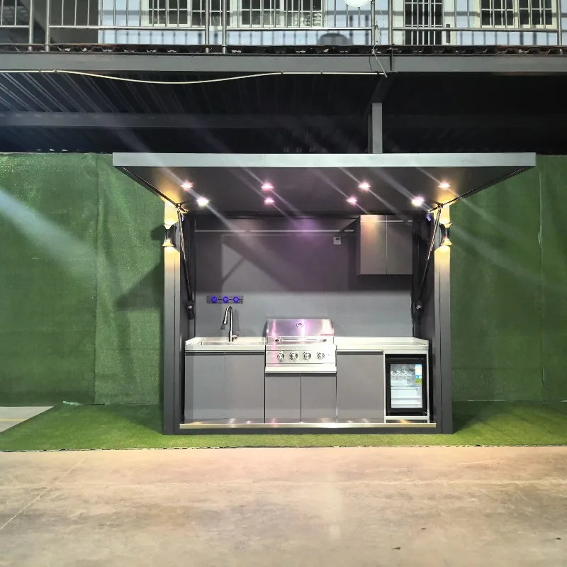 Customized Durable Weatherproof Outdoor Kitchen 304 Stainless Steel Black Gas 6 Burner Kitchen Island