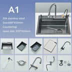304 Stainless Steel Waterfall Kitchen Sink Large Single Slot Integrated 60X45cm Faucet Set Soap Dispenser Pure Water Tap