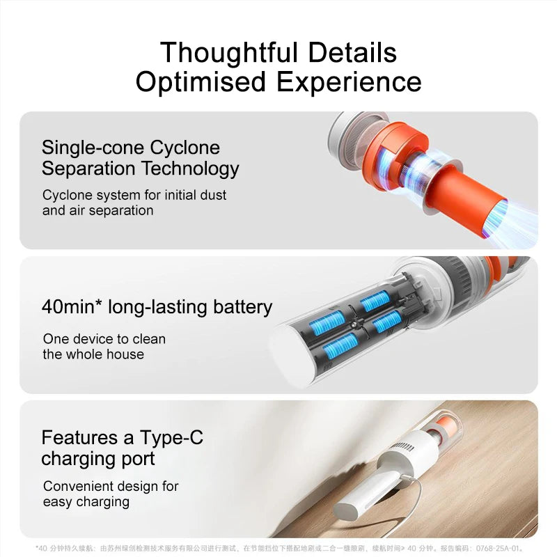 MIJIA Lightweight Vacuum Cleaner 22,000Pa Suction, 2 Cleaning Mode,Washable Accessories,Type-C 40min Run, Chinese Version