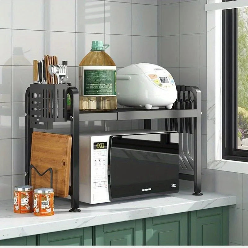 Heavy Duty Adjustable 2 Tier Metal Kitchen Rack Open Storage Shelf For Microwave Oven Organize Spices Utensils Cookware