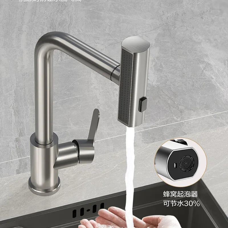 4 Mode Gray Kitchen Faucets Pull Out Rotation Waterfall Black Stream Sprayer Head Sink Mixer Brushed Nickle Water Tap Accessorie