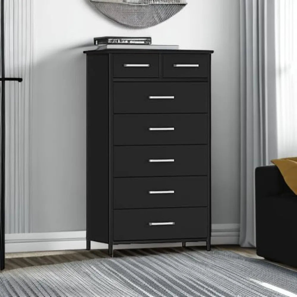 7 Drawer Tall Dresser with Sturdy Metal Frame, Industrial Drawer Chest for Bedroom, Clothes Storage Cabinet