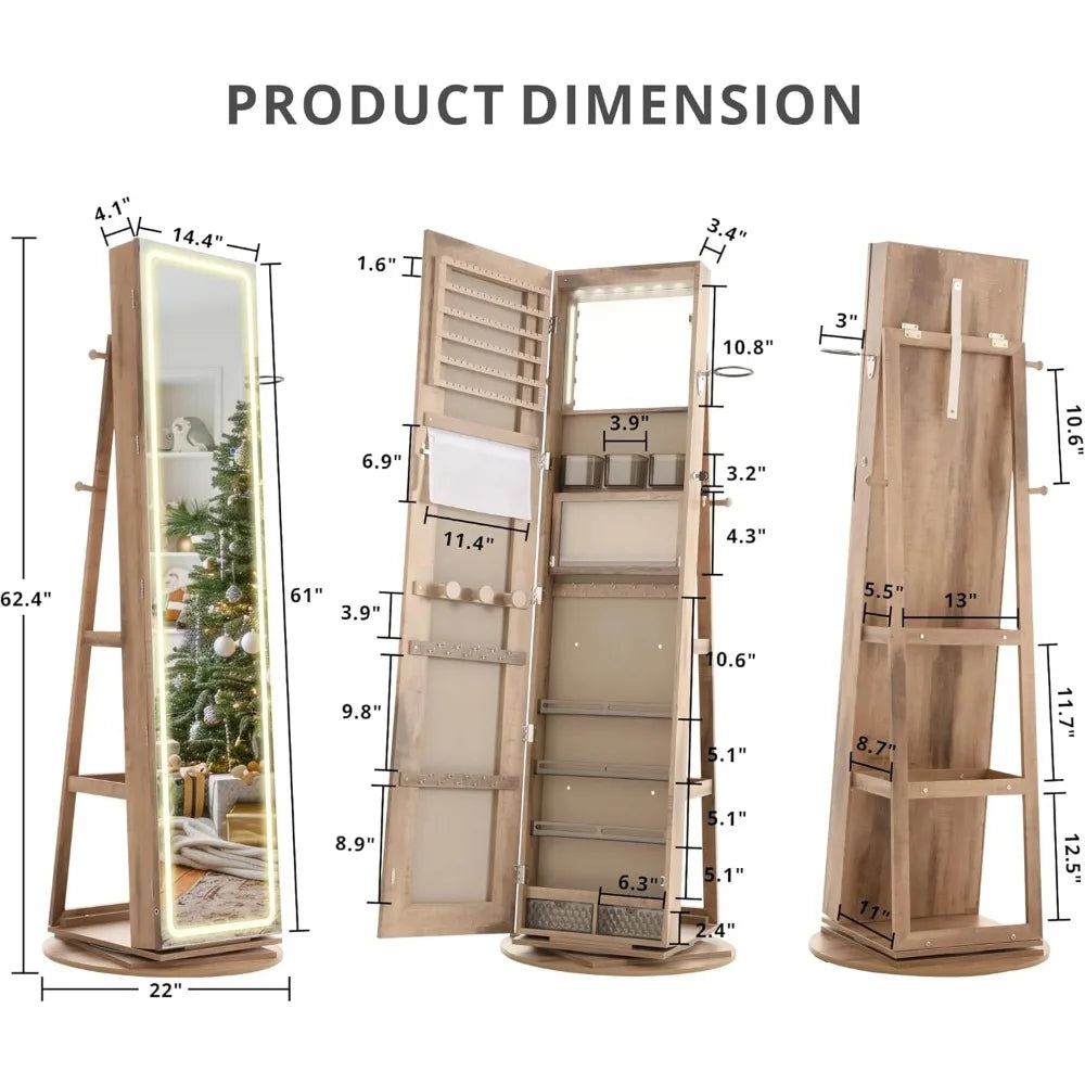 LED Mirror Jewelry Cabinet Standing, 360° Swivel Lockable Jewelry Armoire with Full Length Mirror and Adjustable LED Lights