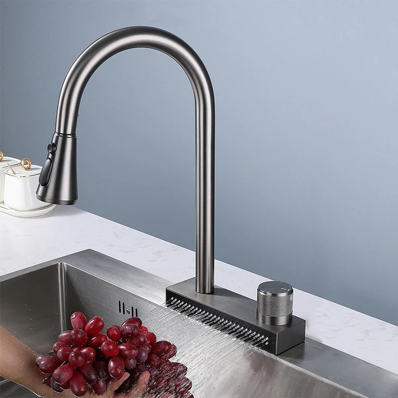 Popular Waterfall Faucet 304 Stainless Steel Hot And Cold Rainfall Kitchen Sink Water Taps Pull Out Spray Kitchen Sink Faucet