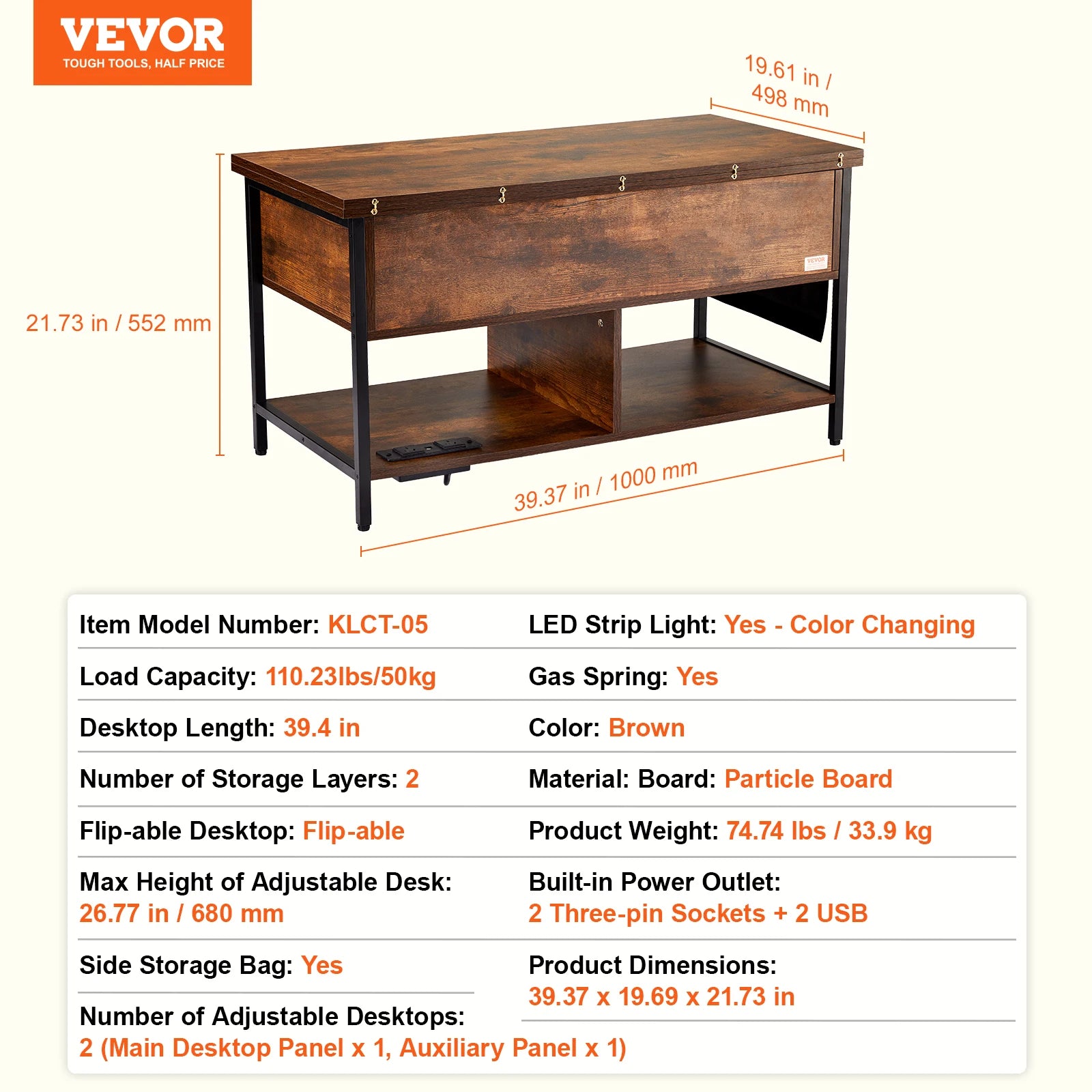 VEVOR Lift Top Coffee Table Round/Rectangle Coffee Table with Extra Storage Pockets Pop Up/Flipable Coffee Table for Living Room