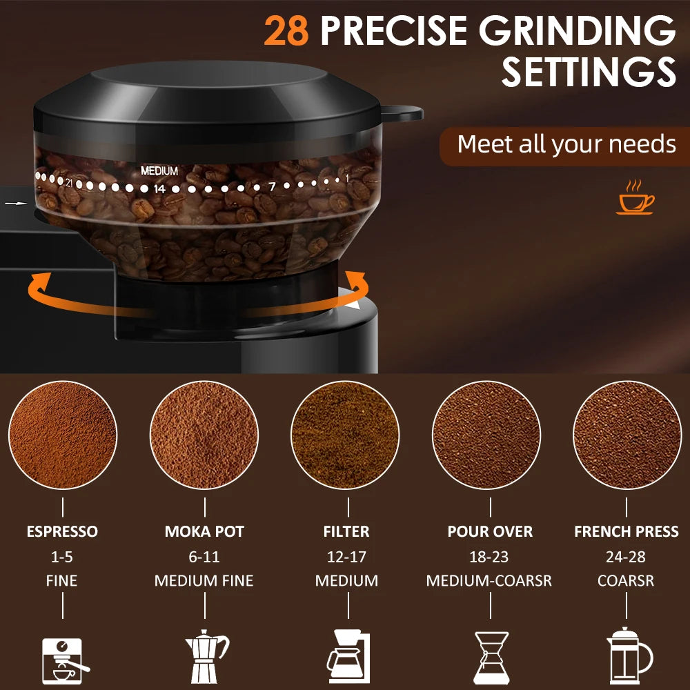 Electric Burr Mill Coffee Grinder Automatic Coffee Bean Grinding With 28 Grind Settings For Espresso French Press Drip 2-12 Cup