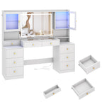 61.7" Large Vanity Desk with Mirror and Lights, Makeup Vanity with Charging Station, Sliding Drawers, 2 Cabinets with Glass Door