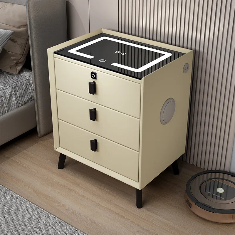 3 Drawers Smart Bedside Table with Wireless Charging Solid Wood Bedroom End Table with Fingerprints Lock Hotel Nightstands