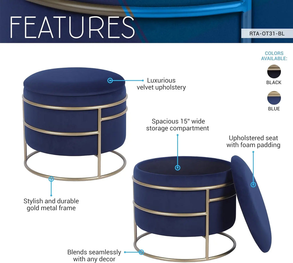 Elegant Velvet Round Ottoman With Gold Frame And Storage (Blue)