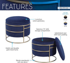Elegant Velvet Round Ottoman With Gold Frame And Storage (Blue)
