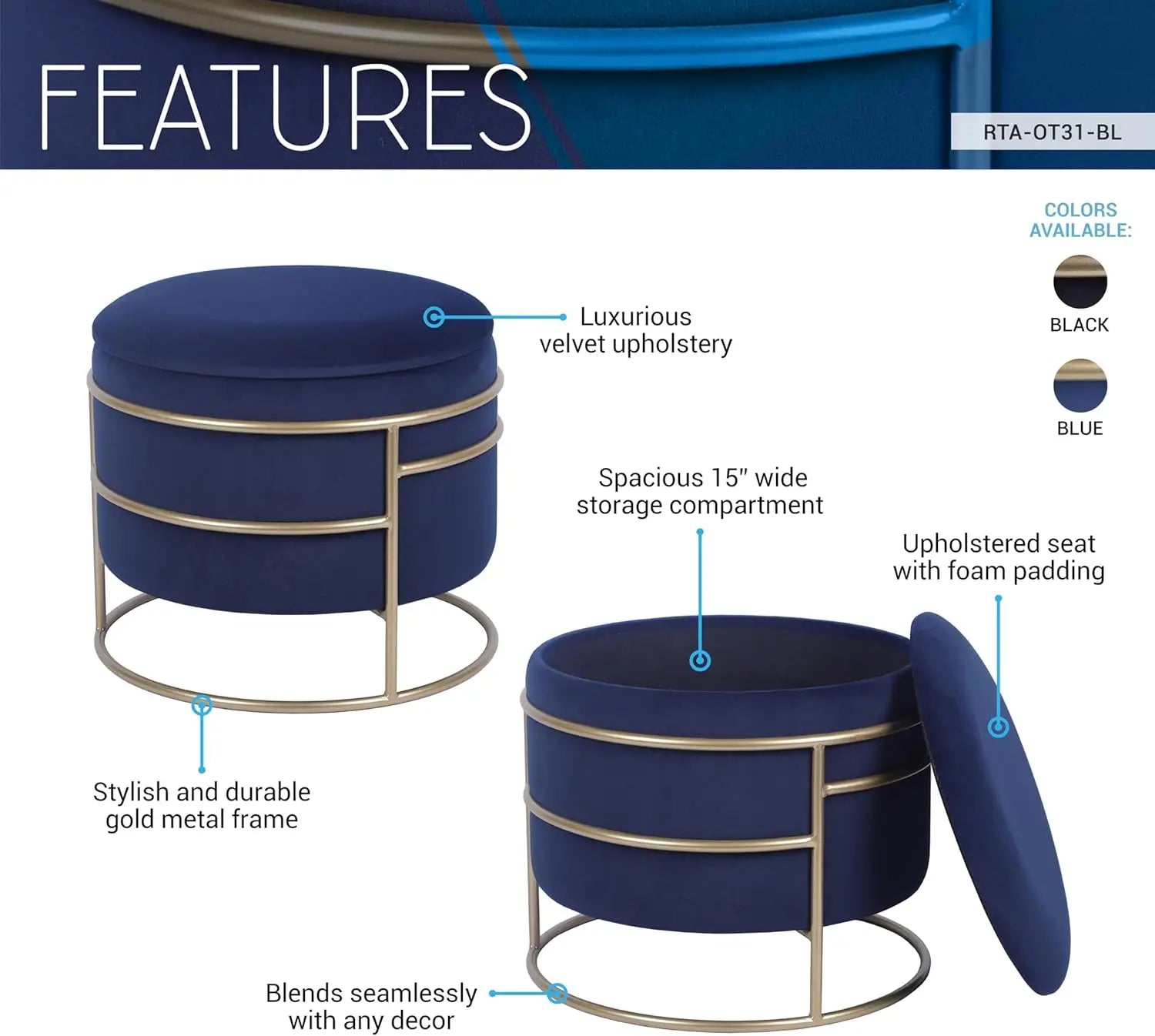 Elegant Velvet Round Ottoman With Gold Frame And Storage (Blue)