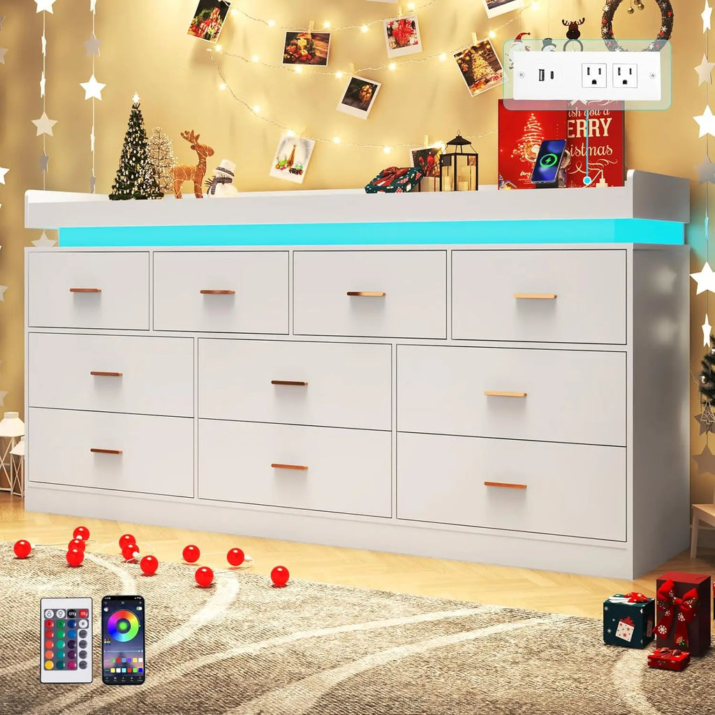10 Drawer Dresser with LED Light and Charging Station, Modern Chest of Drawers for Closet, Wide Drawer Organizer Cabinet , White