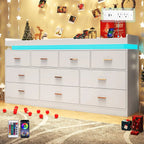10 Drawer Dresser with LED Light and Charging Station, Modern Chest of Drawers for Closet, Wide Drawer Organizer Cabinet , White