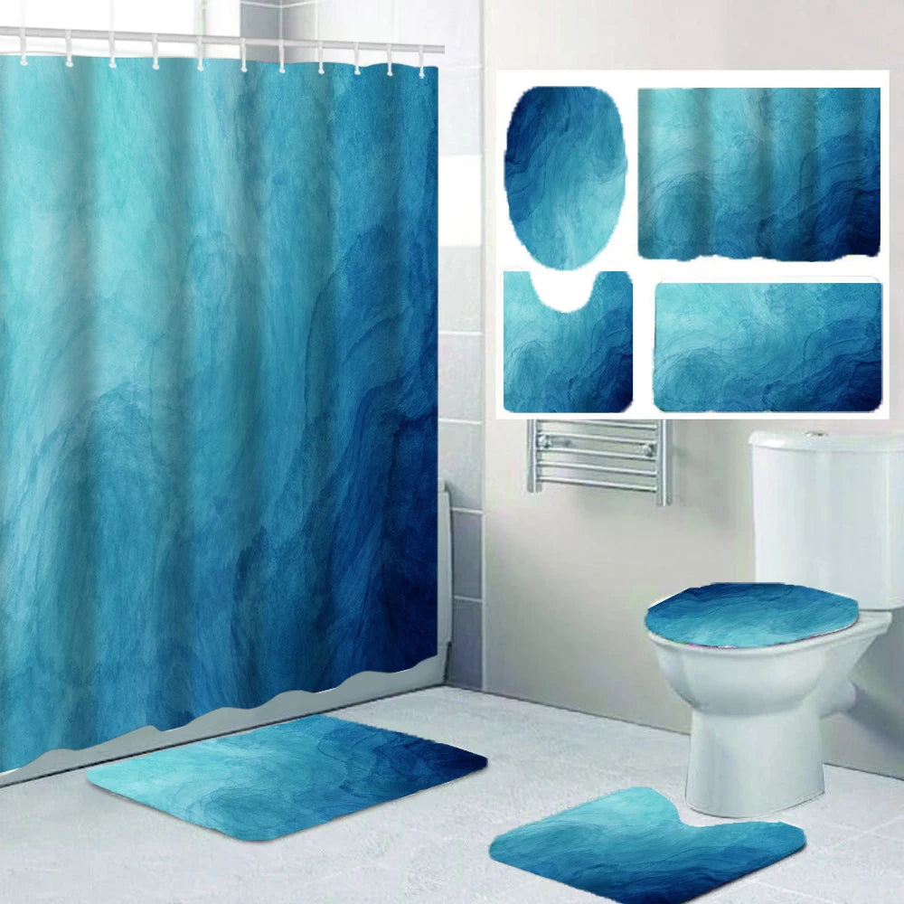 1/4 set seawater Bathroom Curtains, Toilet Seat Decoration, Shower Curtain with Carpet and Toilet Lid, 12 70.8x70.8 inch Hooks