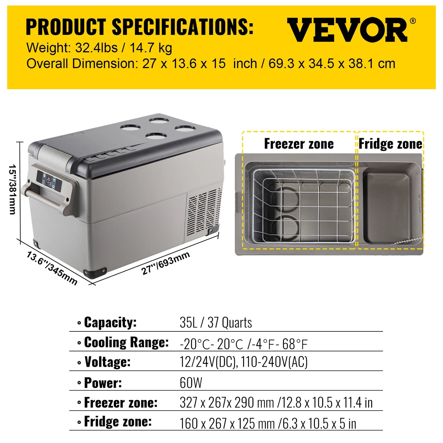 VEVOR Portable Car Refrigerator - Freezer Cooler 12/24V