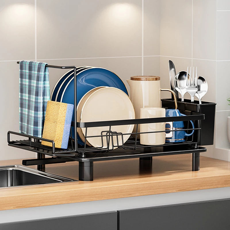 1 Kitchen Countertop Draining Rack, Draining Rack with Draining Board and Removable Utensil Holder, Space-Saving Kitchen Organizer for Home Use
