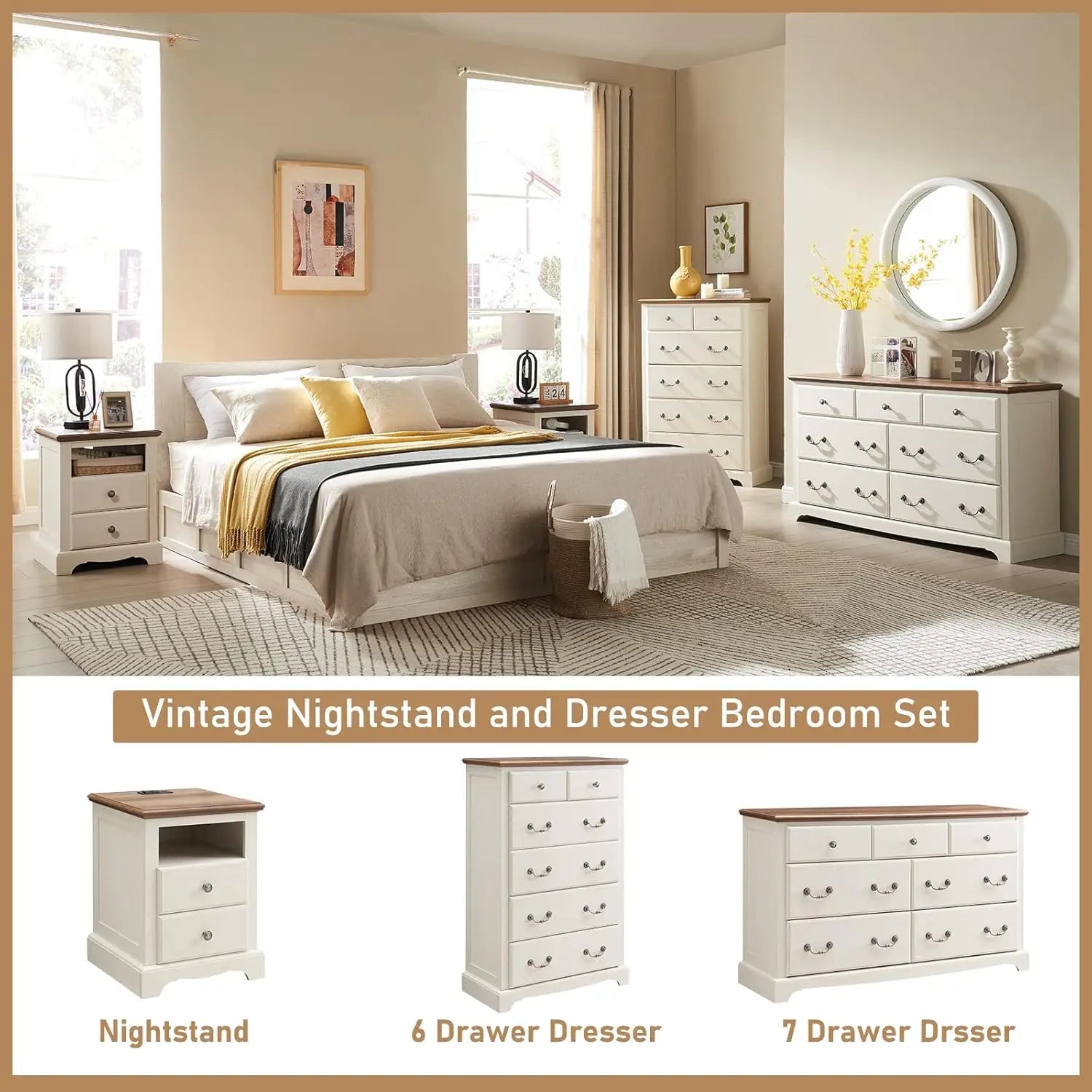 T4TREAM 7 Drawers Dresser Chests for Bedroom, Wood Vintage Chests of Drawers, Rustic Dressers Chset Organizer for Bedroom,