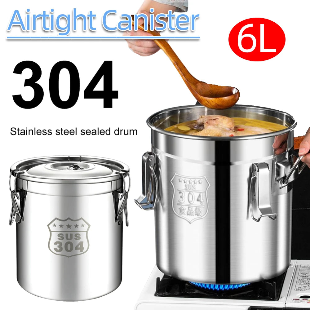 6L 304 Stainless Steel Airtight Canister with Seal Lid Food Oil Sugar Milk Storage Bucket with Handles for Kitchen Restaurants