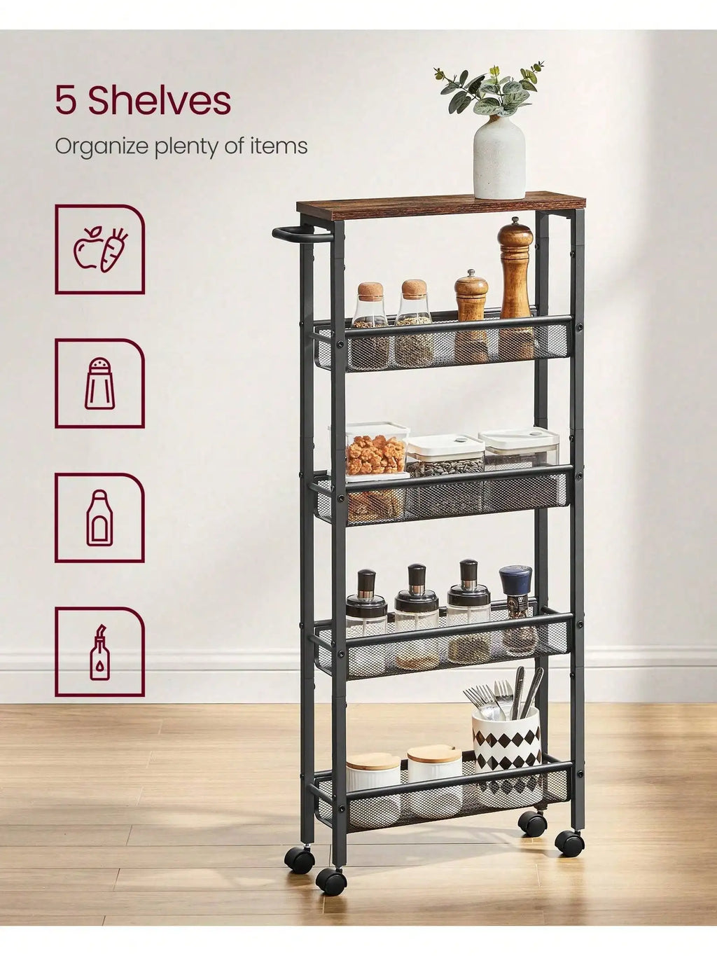 VASAGLE Slim Rolling Cart, 5-Tier Storage Cart, Narrow Cart with Handle, 5.1 Inches Deep, Metal Frame, for Kitchen, Dining Room