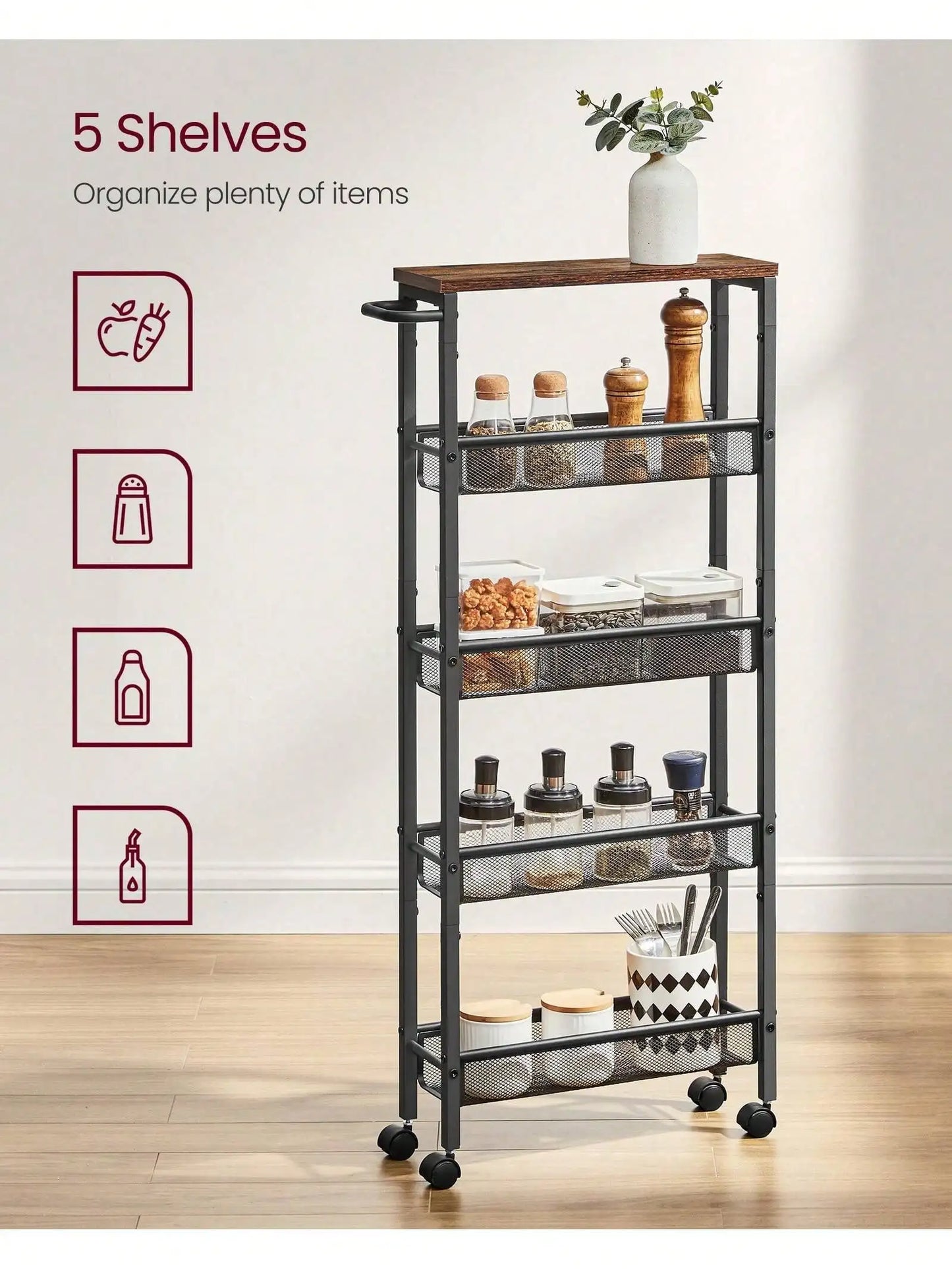 VASAGLE Slim Rolling Cart, 5-Tier Storage Cart, Narrow Cart with Handle, 5.1 Inches Deep, Metal Frame, for Kitchen, Dining Room