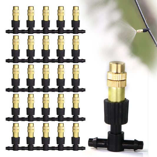 10-100PCS Adjustable Brass Spray Nozzles with 1/4” Tee Joint for Garden Greenhouse Lawn 4/7mm Hose Misting Watering Sprinkler