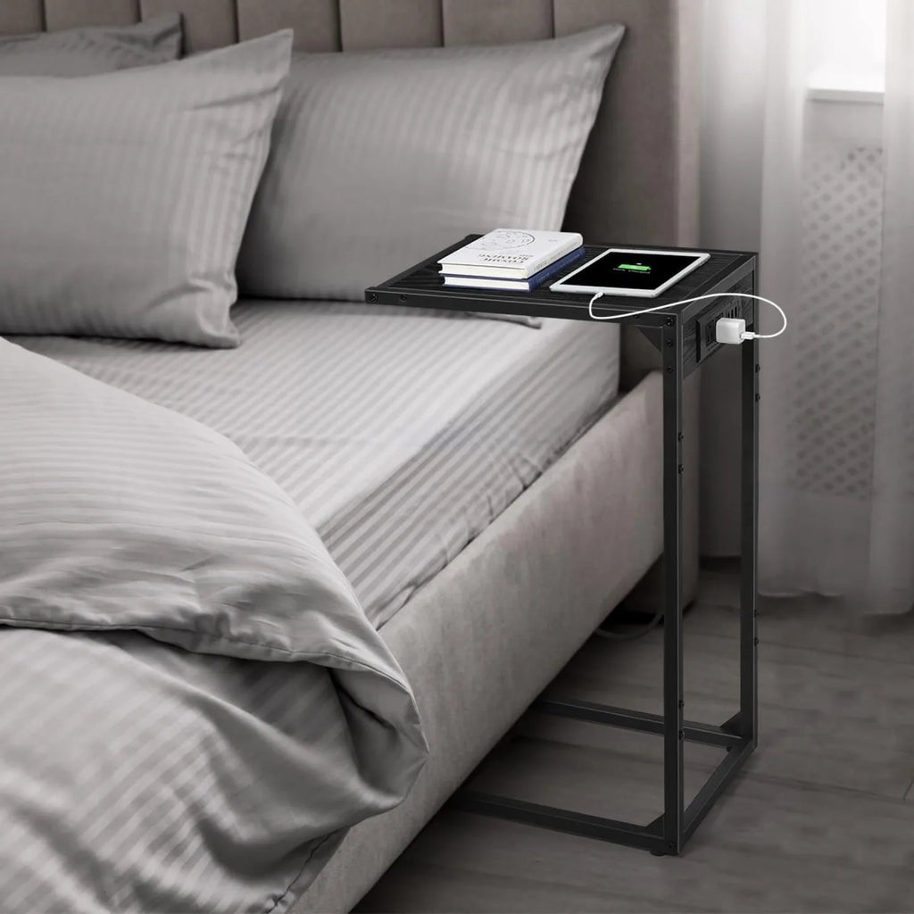 Set of 2 C-Shaped End Tables w/ Charging Station | USB & Outlets | Slide-Under Couch Design for Living Room/Bedroom | Black