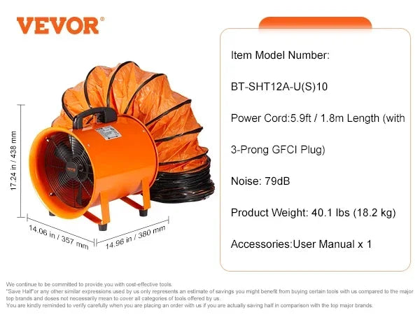 VEVOR Portable Ventilator 12 inch Cylinder Fan with 33/16.4ft Hose 585W 3198CFM Industrial Utility Blower for Sucking Dust Smoke